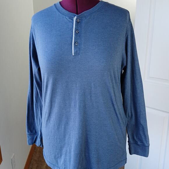 Michael Morgan Blue Henley T-Shirt Medium long sleeve tee cotton blend grey trim - Picture 14 of 14